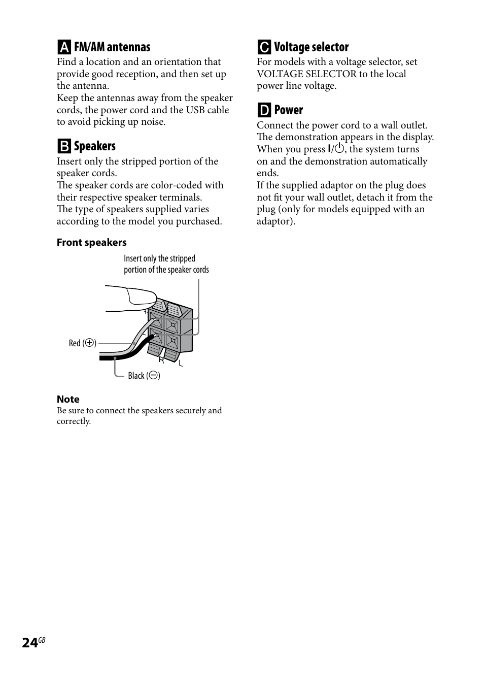 Fm/am antennas, Speakers, Voltage selector | Power | Sony LBT-LCD77Di User Manual | Page 24 / 143