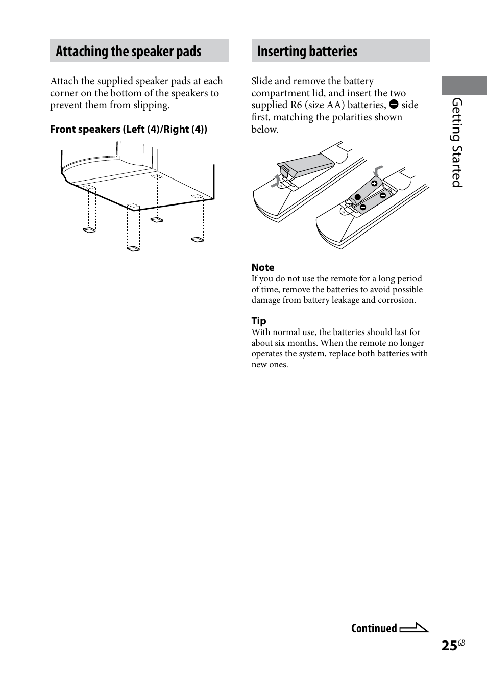 Attaching the speaker pads, Inserting batteries, Getting s tar ted | Sony LBT-LCD77Di User Manual | Page 25 / 143