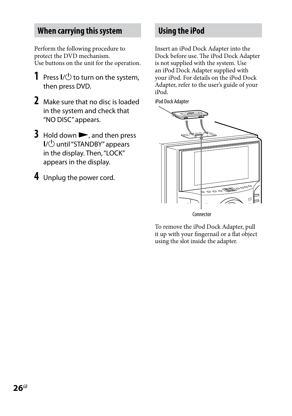 When carrying this system, Using the ipod | Sony LBT-LCD77Di User Manual | Page 26 / 143