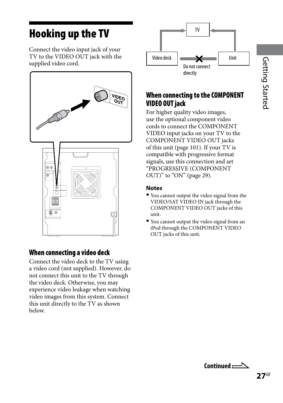 Hooking up the tv, Getting s tar ted, When connecting a video deck | When connecting to the component video out jack | Sony LBT-LCD77Di User Manual | Page 27 / 143