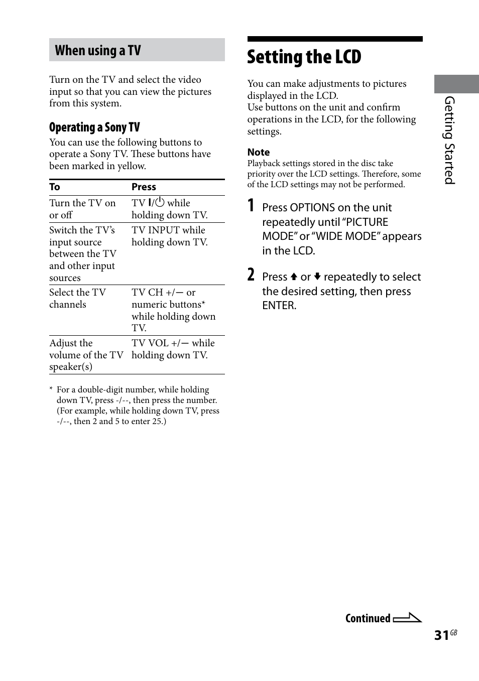 Setting the lcd, When using a tv, Getting s tar ted | Operating a sony tv | Sony LBT-LCD77Di User Manual | Page 31 / 143