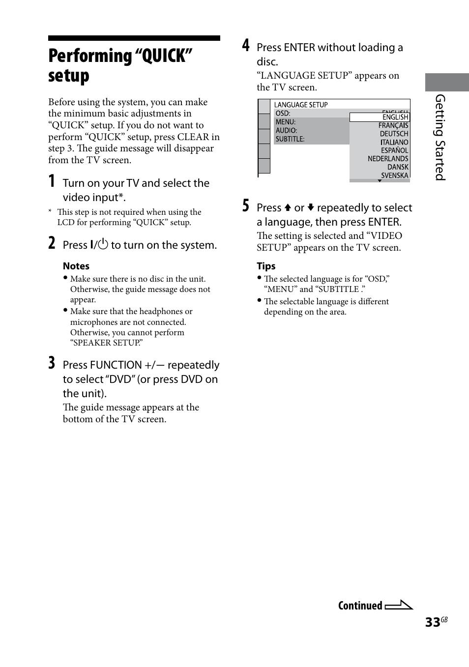 Performing “quick” setup | Sony LBT-LCD77Di User Manual | Page 33 / 143