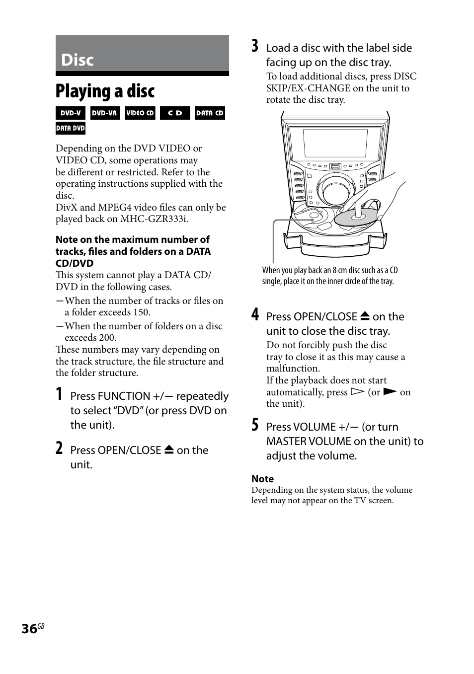 Disc, Playing a disc | Sony LBT-LCD77Di User Manual | Page 36 / 143