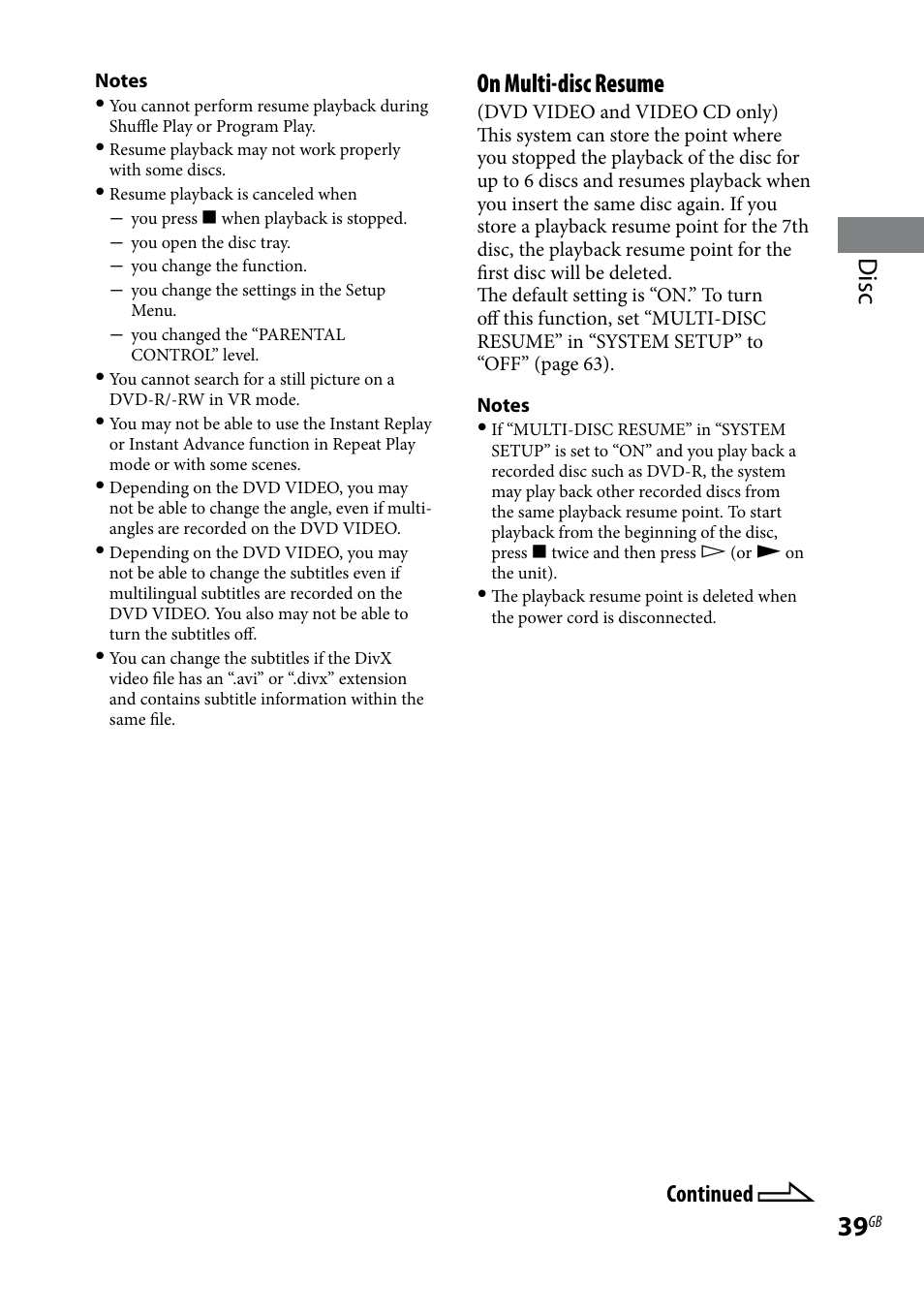 Disc, On multi-disc resume, Continued | Sony LBT-LCD77Di User Manual | Page 39 / 143