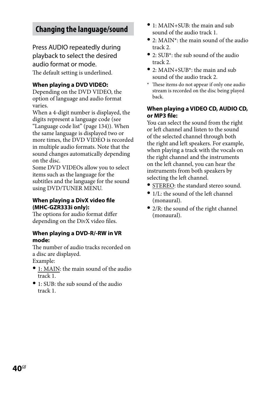 Changing the language/sound | Sony LBT-LCD77Di User Manual | Page 40 / 143