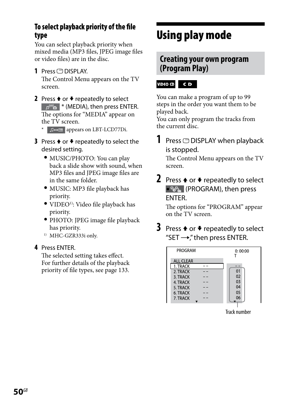 Using play mode, Creating your own program (program play) | Sony LBT-LCD77Di User Manual | Page 50 / 143