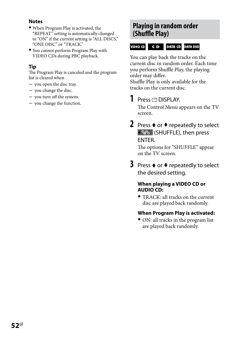 Playing in random order (shuffle play) | Sony LBT-LCD77Di User Manual | Page 52 / 143