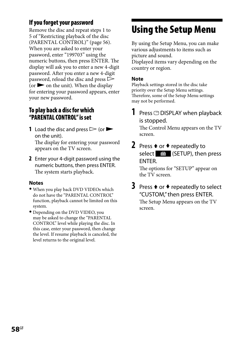 Using the setup menu, If you forget your password | Sony LBT-LCD77Di User Manual | Page 58 / 143