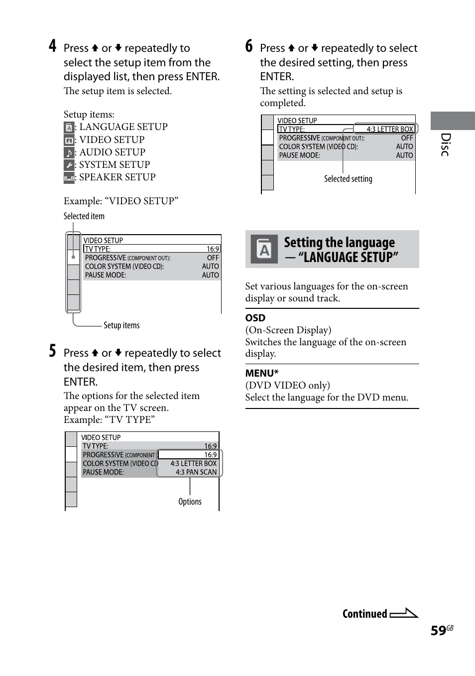 Setting the language  “language setup | Sony LBT-LCD77Di User Manual | Page 59 / 143