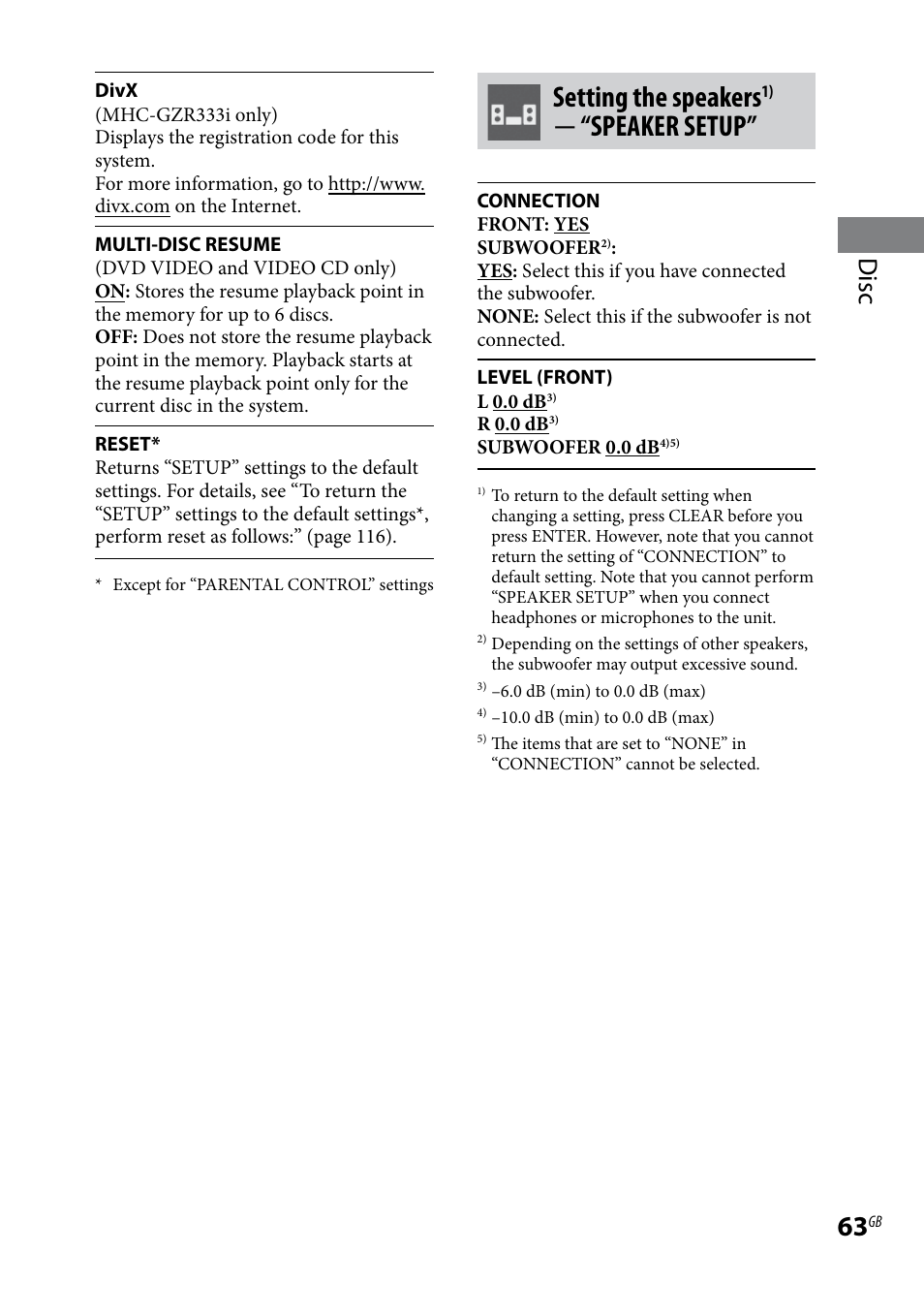 Setting the speakers, Speaker setup, Disc | Sony LBT-LCD77Di User Manual | Page 63 / 143