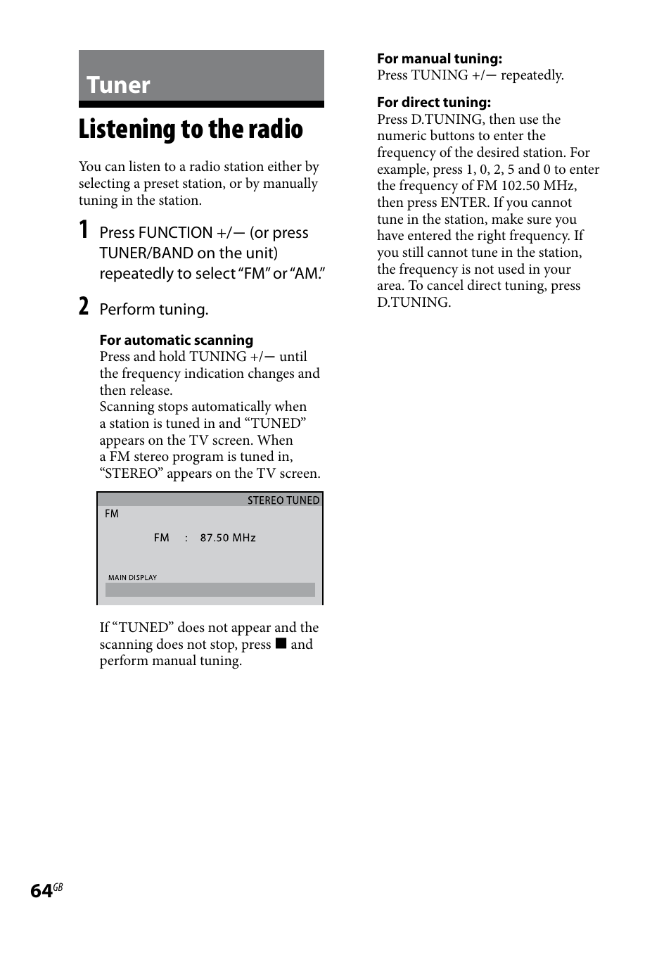 Tuner, Listening to the radio | Sony LBT-LCD77Di User Manual | Page 64 / 143