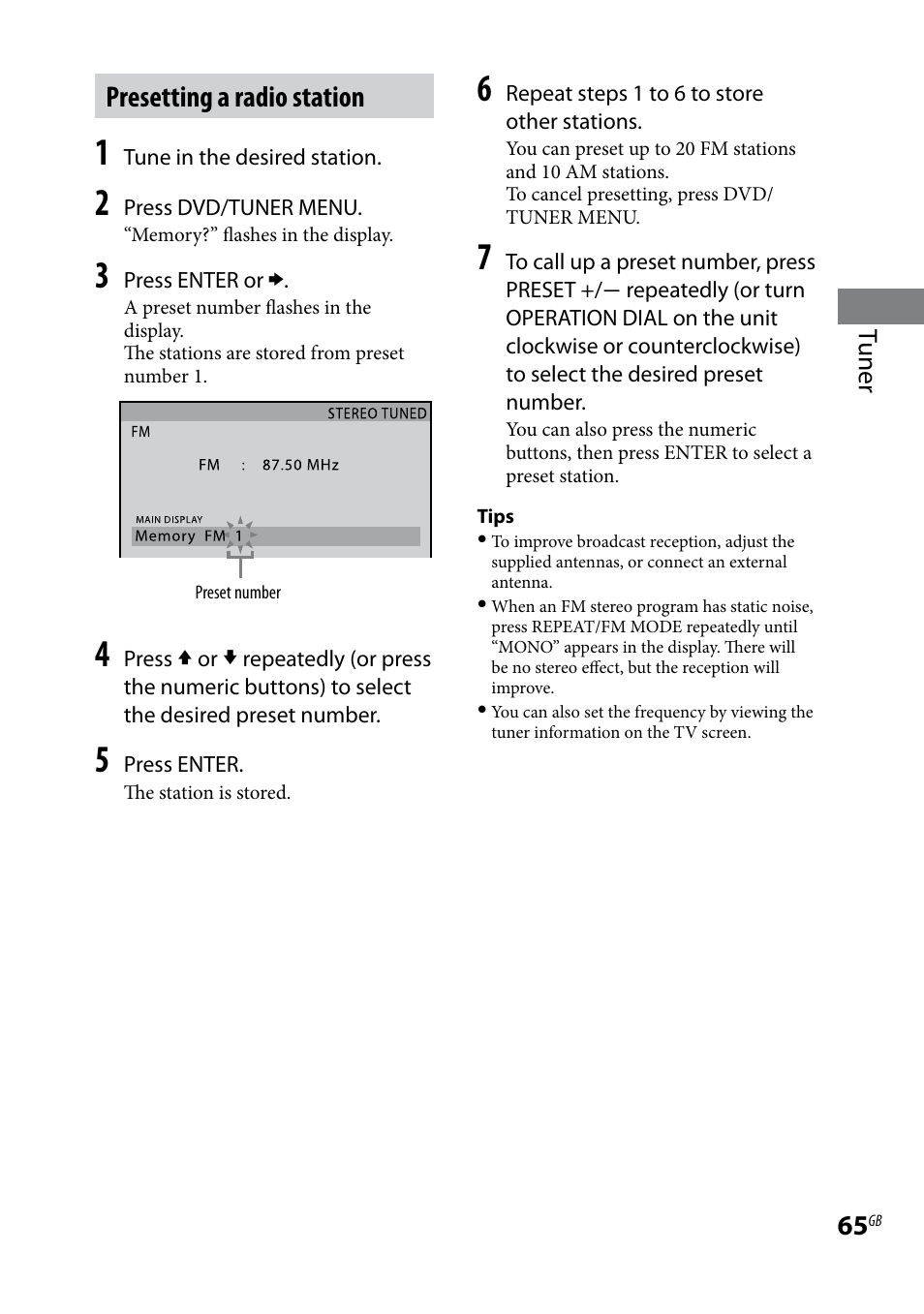 Presetting a radio station | Sony LBT-LCD77Di User Manual | Page 65 / 143