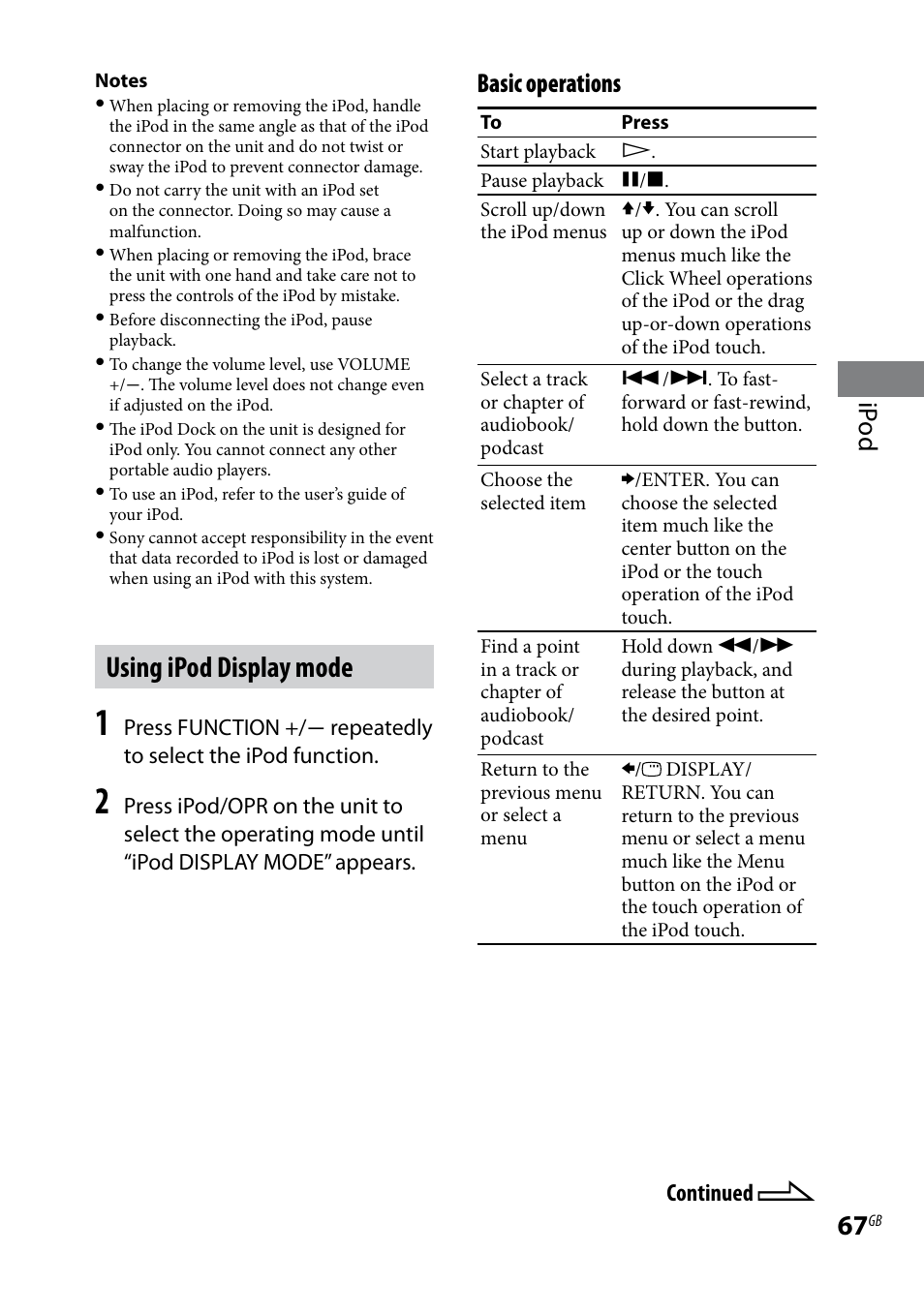 Using ipod display mode, Ip od, Basic operations | Sony LBT-LCD77Di User Manual | Page 67 / 143
