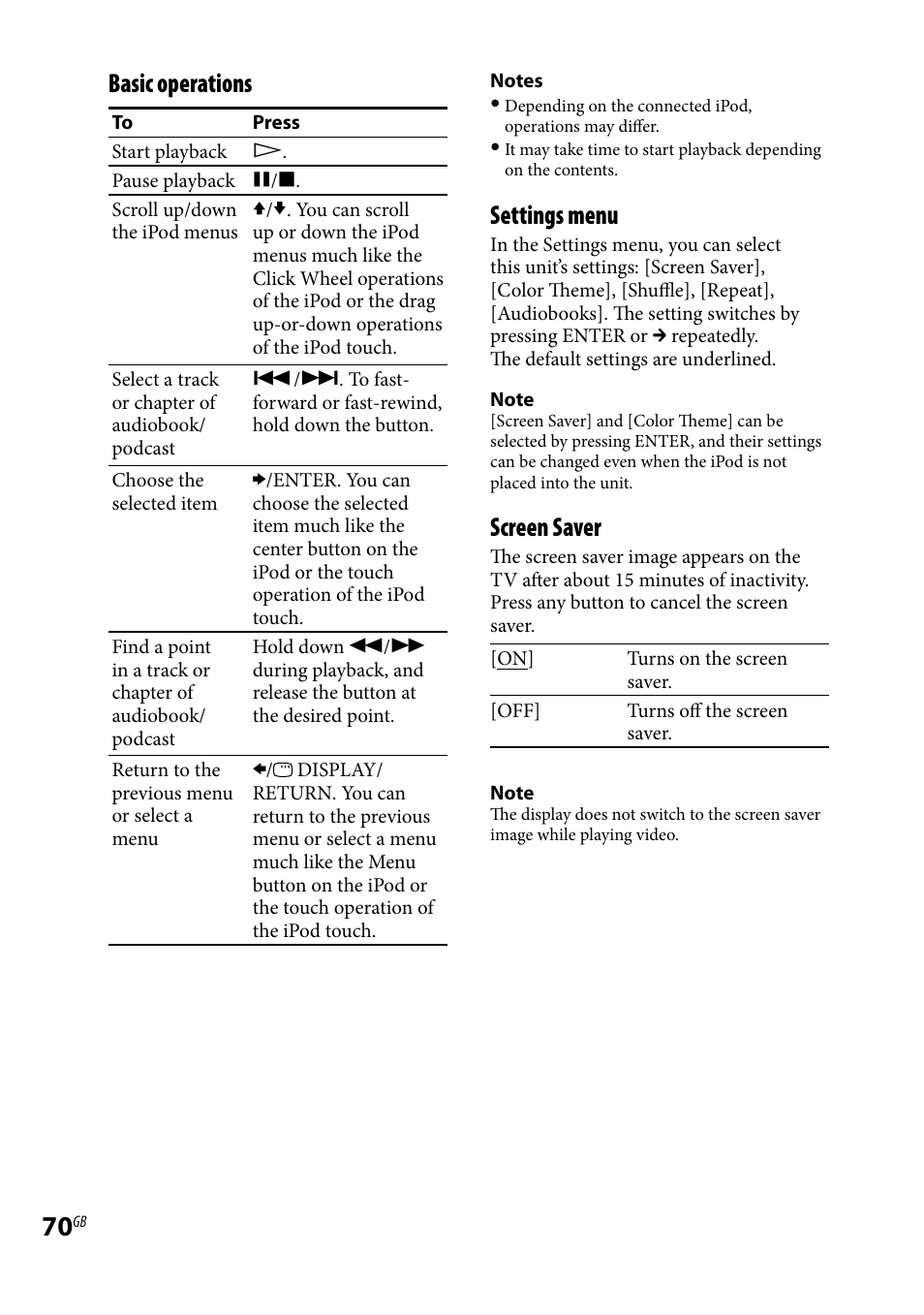 Basic operations, Settings menu, Screen saver | Sony LBT-LCD77Di User Manual | Page 70 / 143
