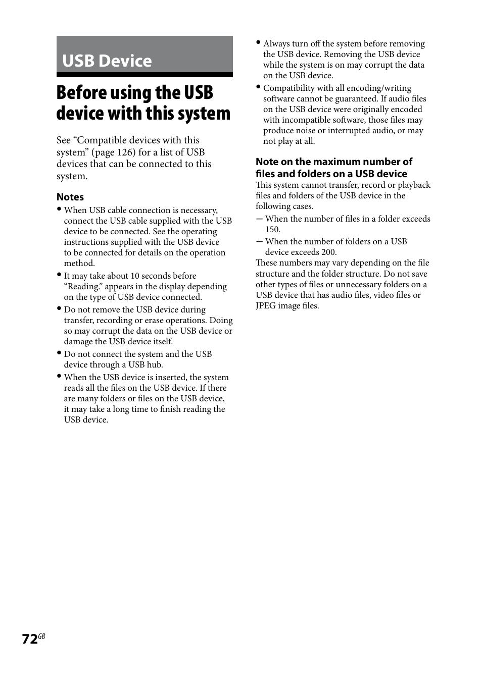 Usb device, Before using the usb device with this system, Before using the usb device with | This system | Sony LBT-LCD77Di User Manual | Page 72 / 143