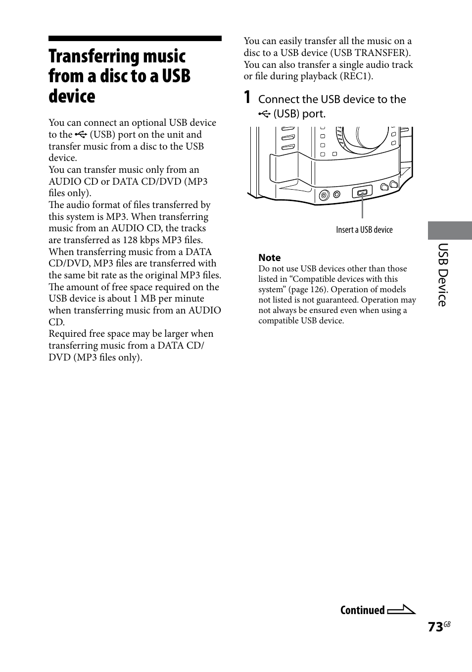 Transferring music from a disc to a usb device, Transferring music from a disc, To a usb device | Usb d evic e | Sony LBT-LCD77Di User Manual | Page 73 / 143