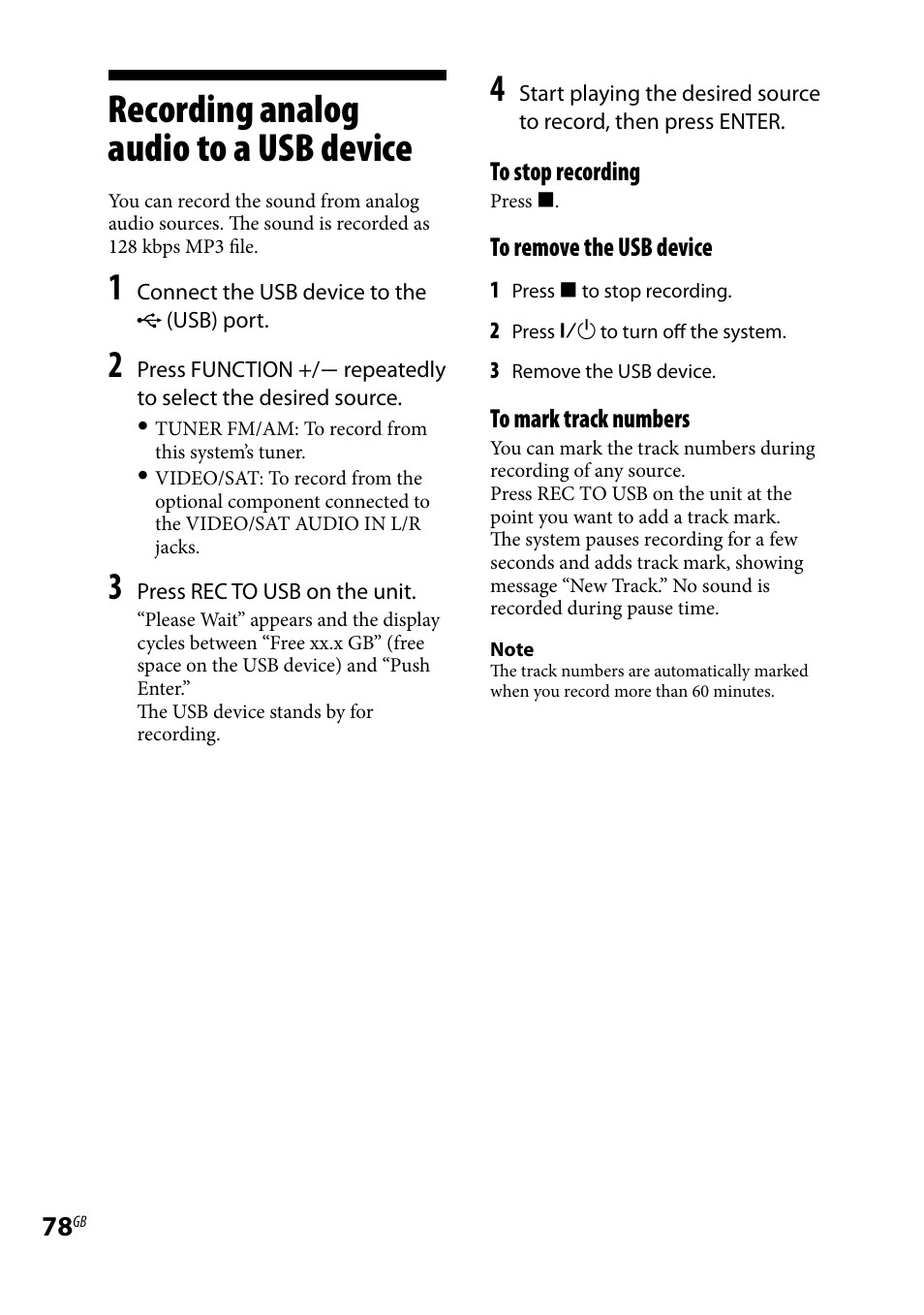 Recording analog audio to a usb device, Recording analog audio, To a usb device | Sony LBT-LCD77Di User Manual | Page 78 / 143