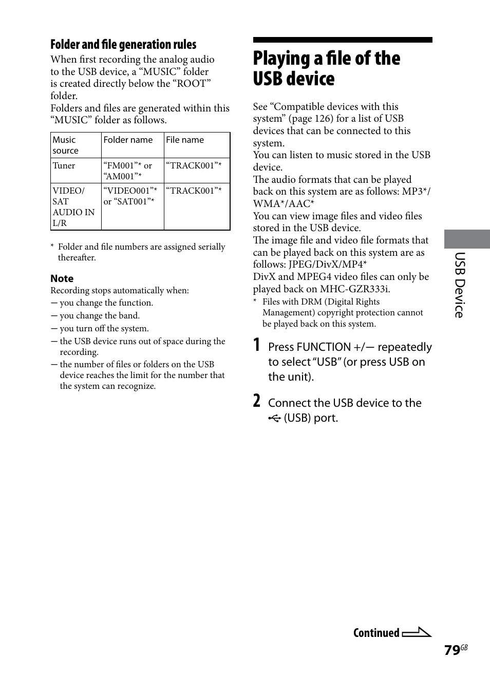 Playing a file of the usb device, Usb d evic e, Folder and file generation rules | Sony LBT-LCD77Di User Manual | Page 79 / 143