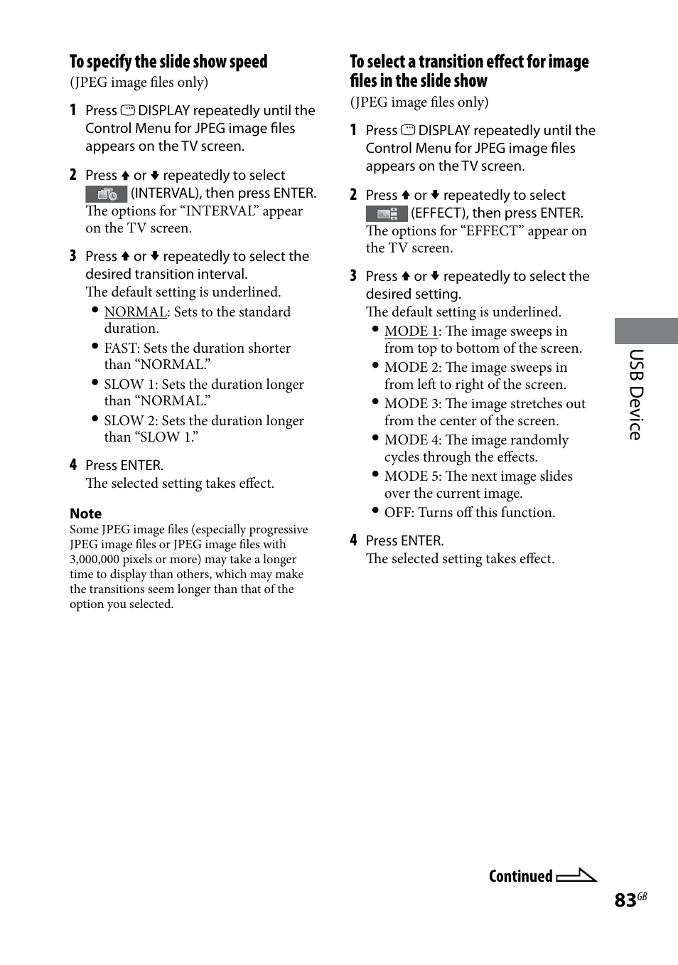 Usb d evic e to specify the slide show speed | Sony LBT-LCD77Di User Manual | Page 83 / 143