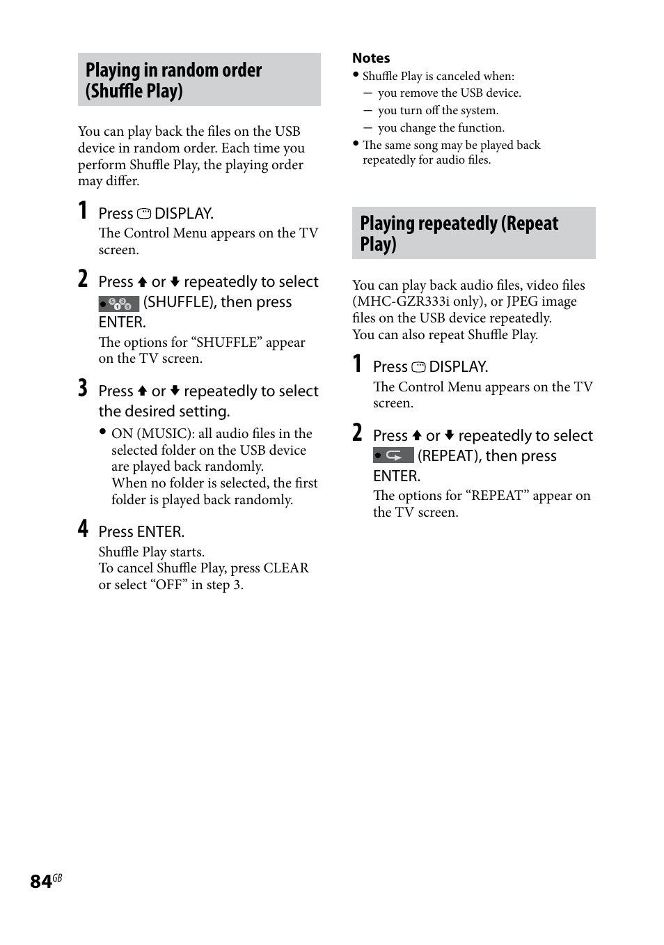Playing in random order (shuffle play), Playing repeatedly (repeat play) | Sony LBT-LCD77Di User Manual | Page 84 / 143