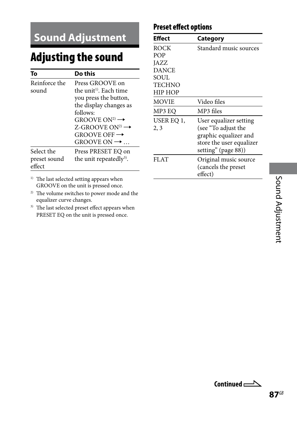 Sound adjustment, Adjusting the sound, Sound a djustmen t | Preset effect options | Sony LBT-LCD77Di User Manual | Page 87 / 143