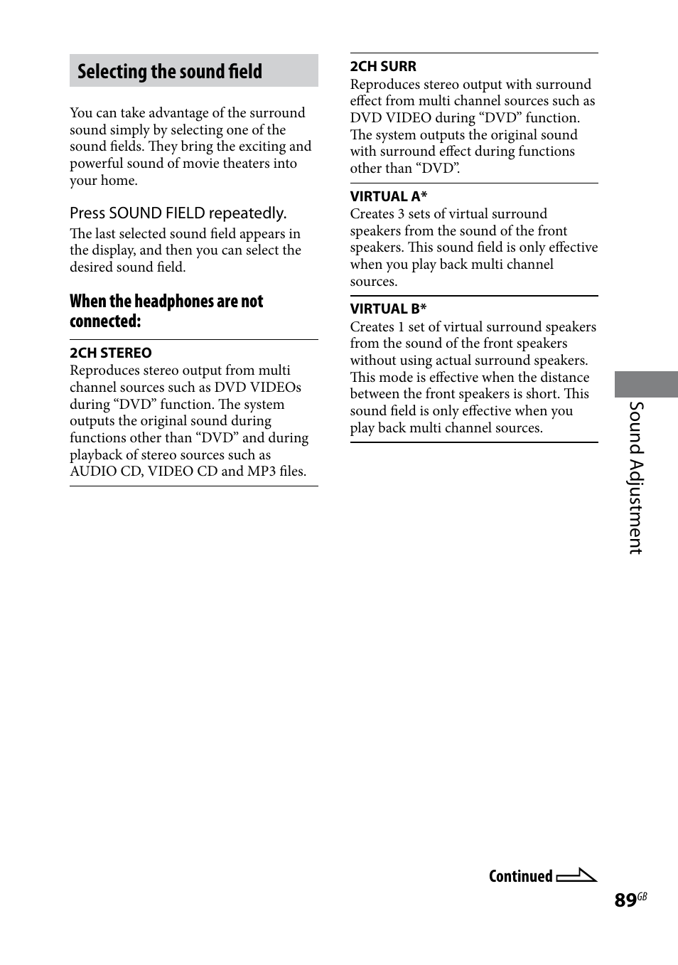 Selecting the sound field, Sound a djustmen t, When the headphones are not connected | Sony LBT-LCD77Di User Manual | Page 89 / 143