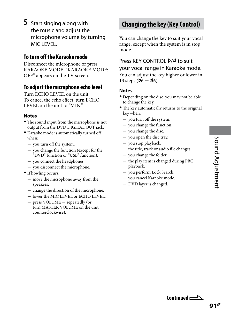 Changing the key (key control), Sound a djustmen t | Sony LBT-LCD77Di User Manual | Page 91 / 143
