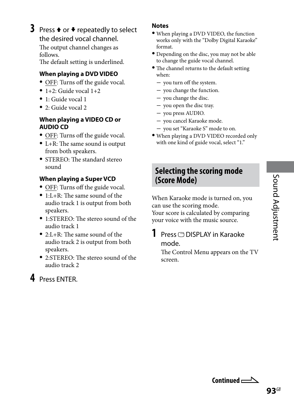 Selecting the scoring mode (score mode), Sound a djustmen t | Sony LBT-LCD77Di User Manual | Page 93 / 143