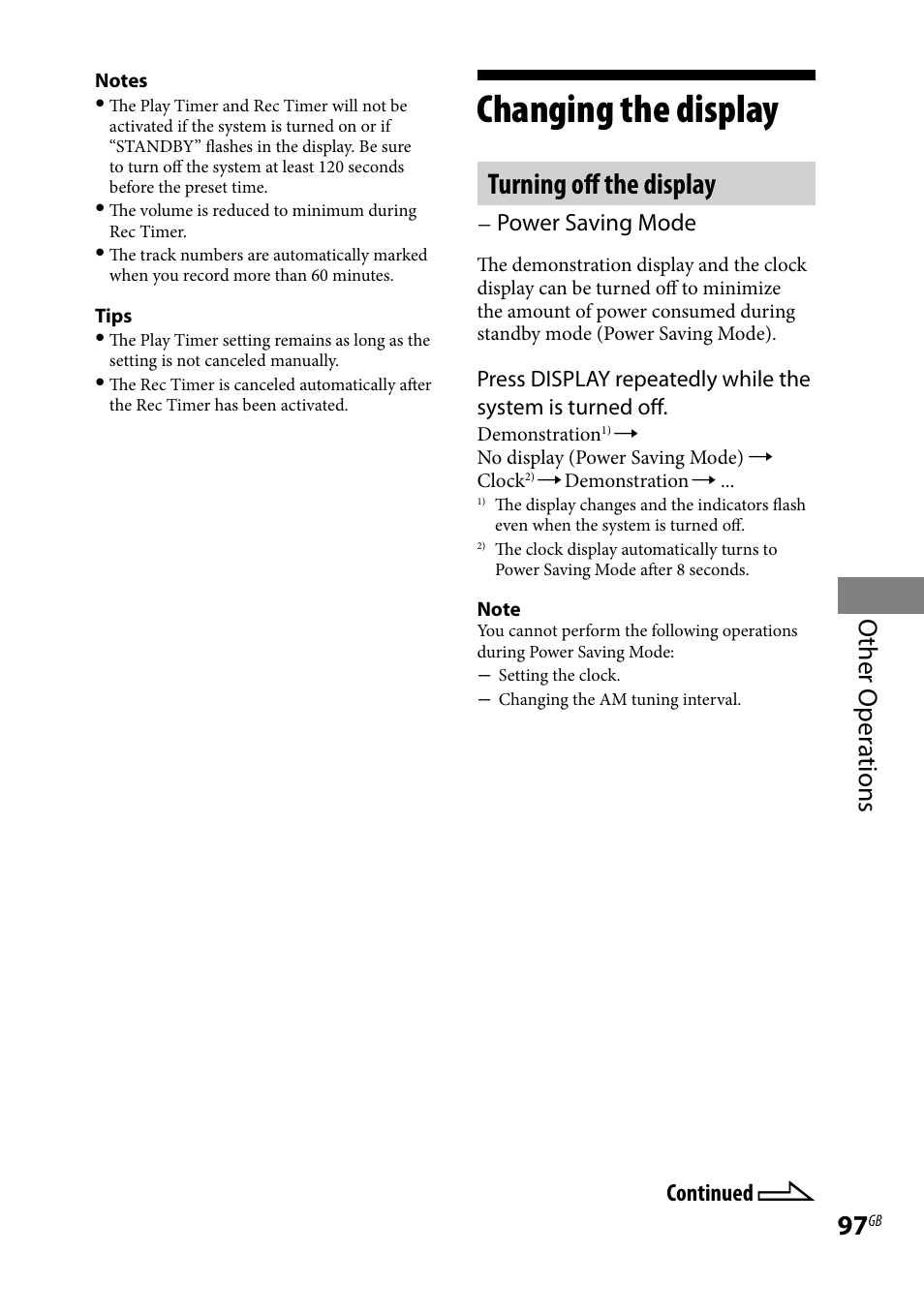 Changing the display, Turning off the display, Other oper ations | Power saving mode, Continued | Sony LBT-LCD77Di User Manual | Page 97 / 143