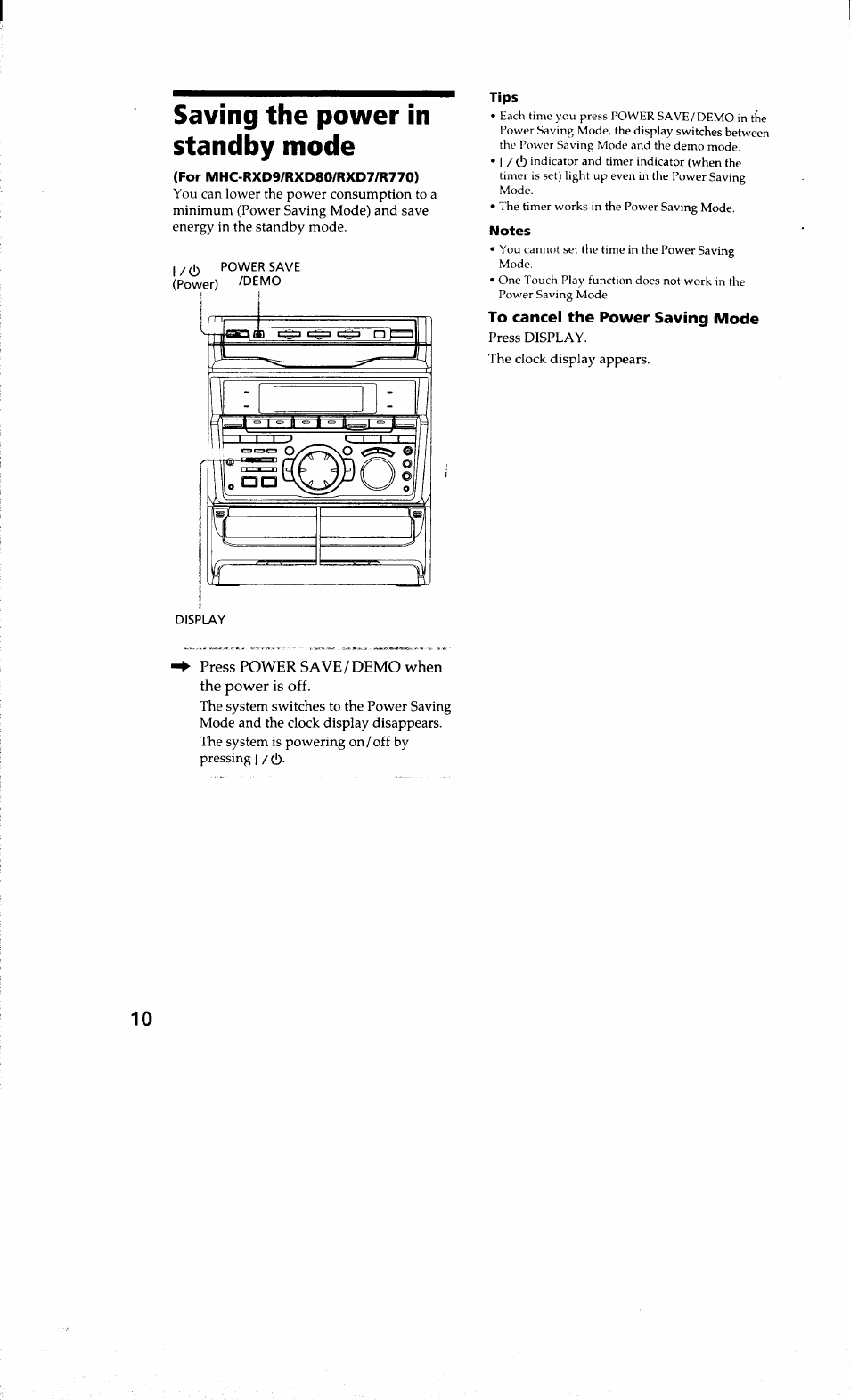 Saving the power in standby mode, To cancel the power saving mode | Sony MHC-RXD9 User Manual | Page 10 / 56