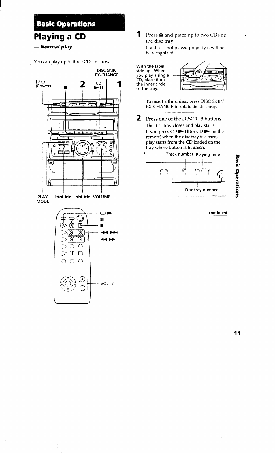 Basic oparatioiis, Playing a cd | Sony MHC-RXD9 User Manual | Page 11 / 56