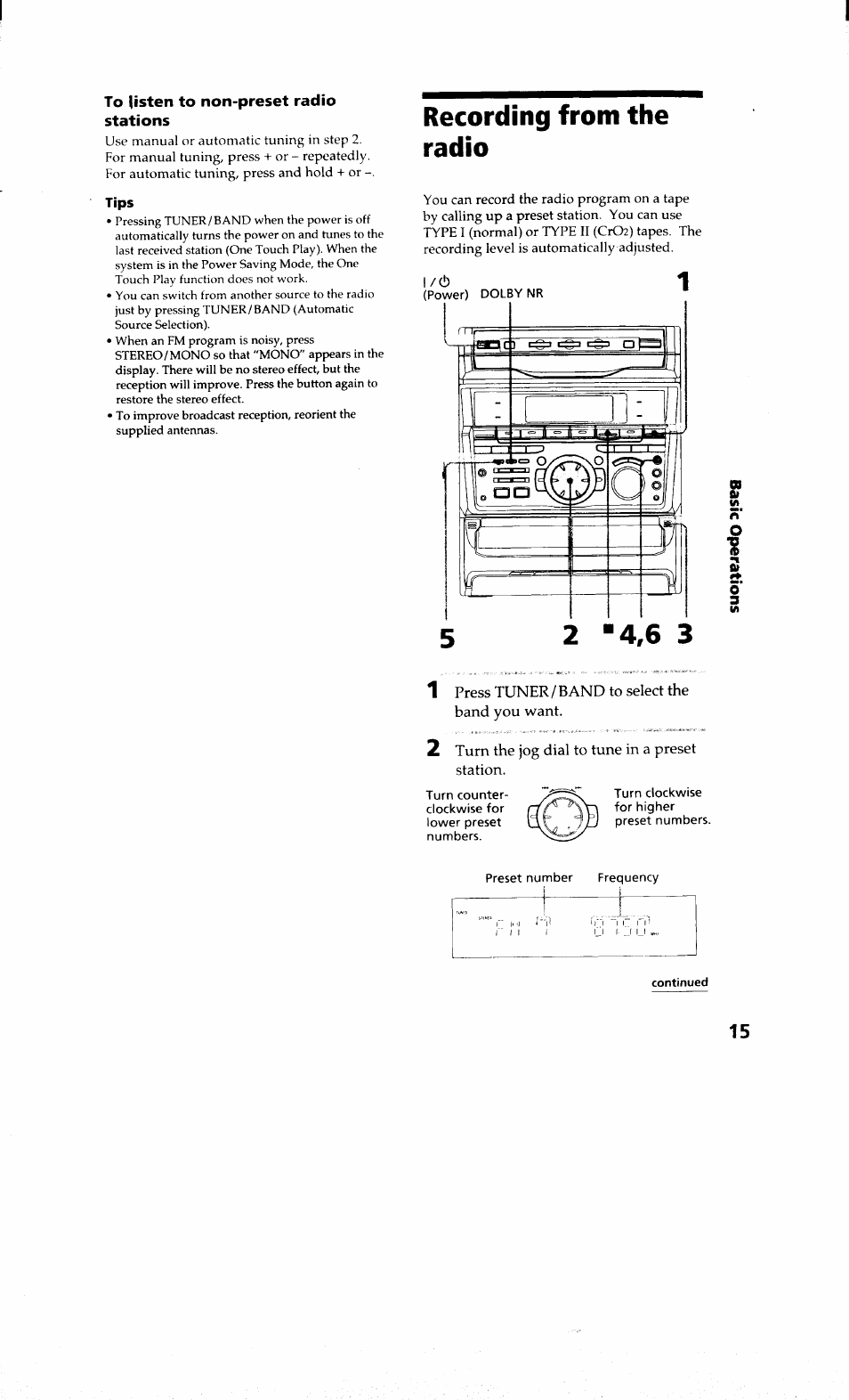 To listen to non-preset radio stations, Recording from the radio | Sony MHC-RXD9 User Manual | Page 15 / 56