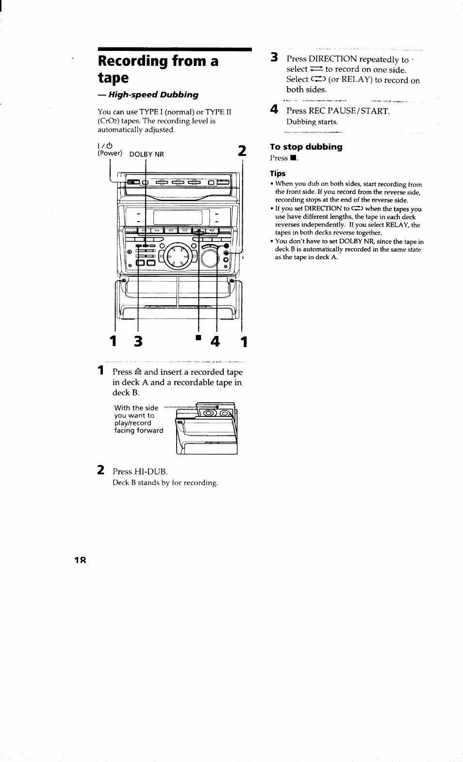 Recording from a tape, To stop dubbing | Sony MHC-RXD9 User Manual | Page 18 / 56