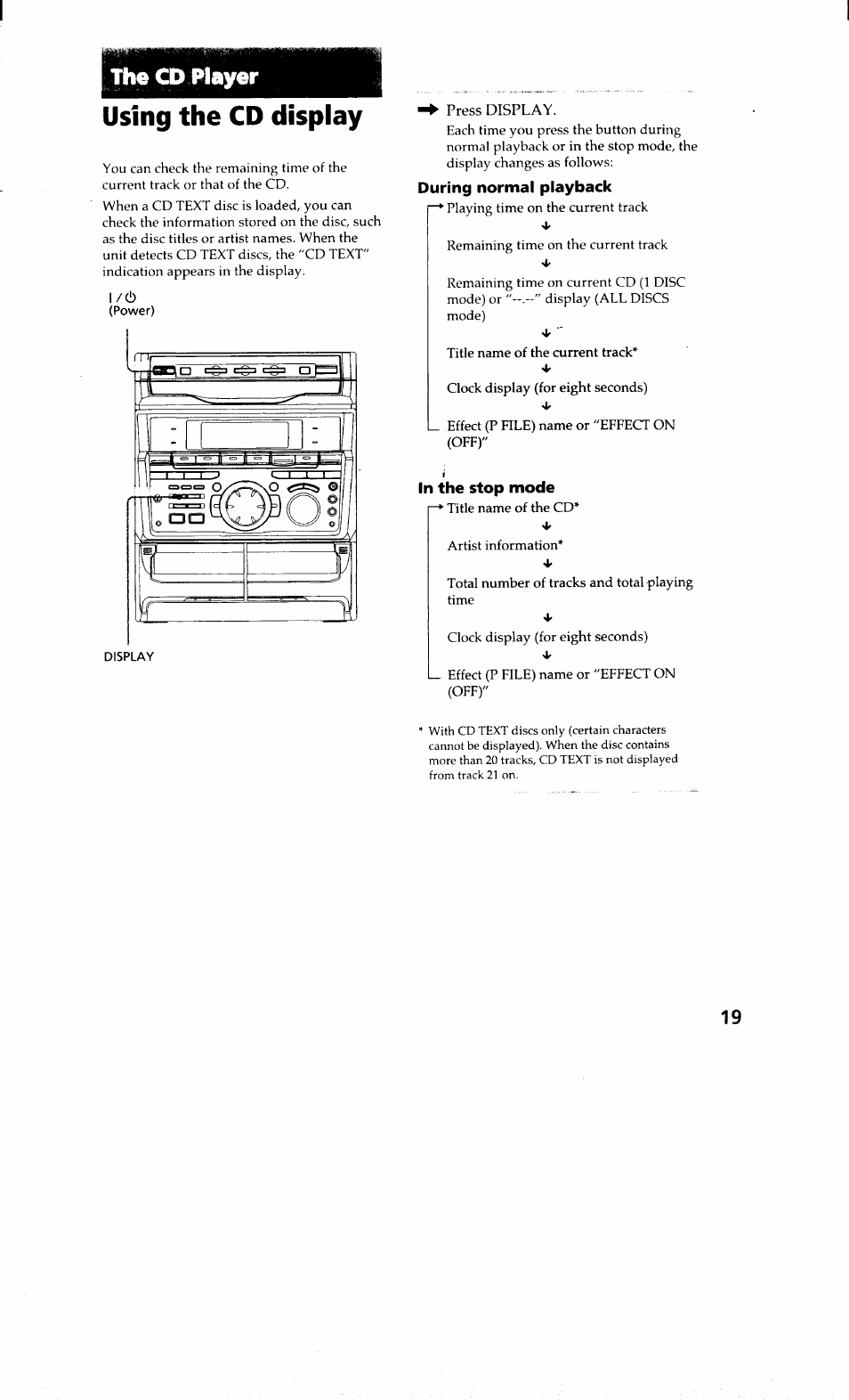 Ttie cd player, Using the cd display, During normal playback | In the stop mode | Sony MHC-RXD9 User Manual | Page 19 / 56