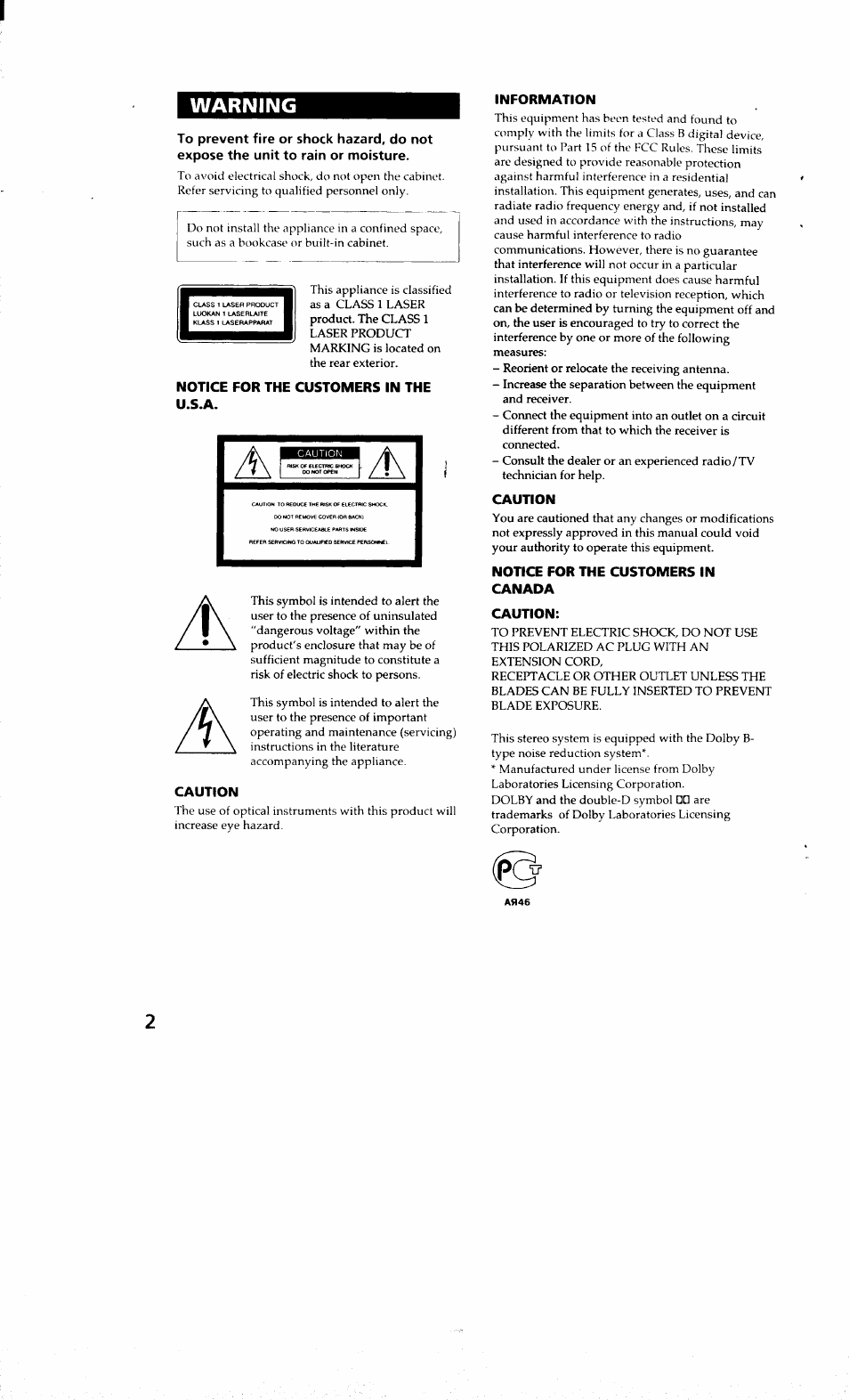 Warning | Sony MHC-RXD9 User Manual | Page 2 / 56