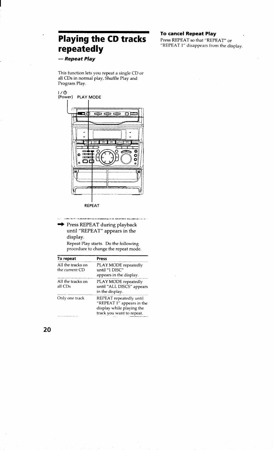 Playing the cd tracks repeatedly | Sony MHC-RXD9 User Manual | Page 20 / 56