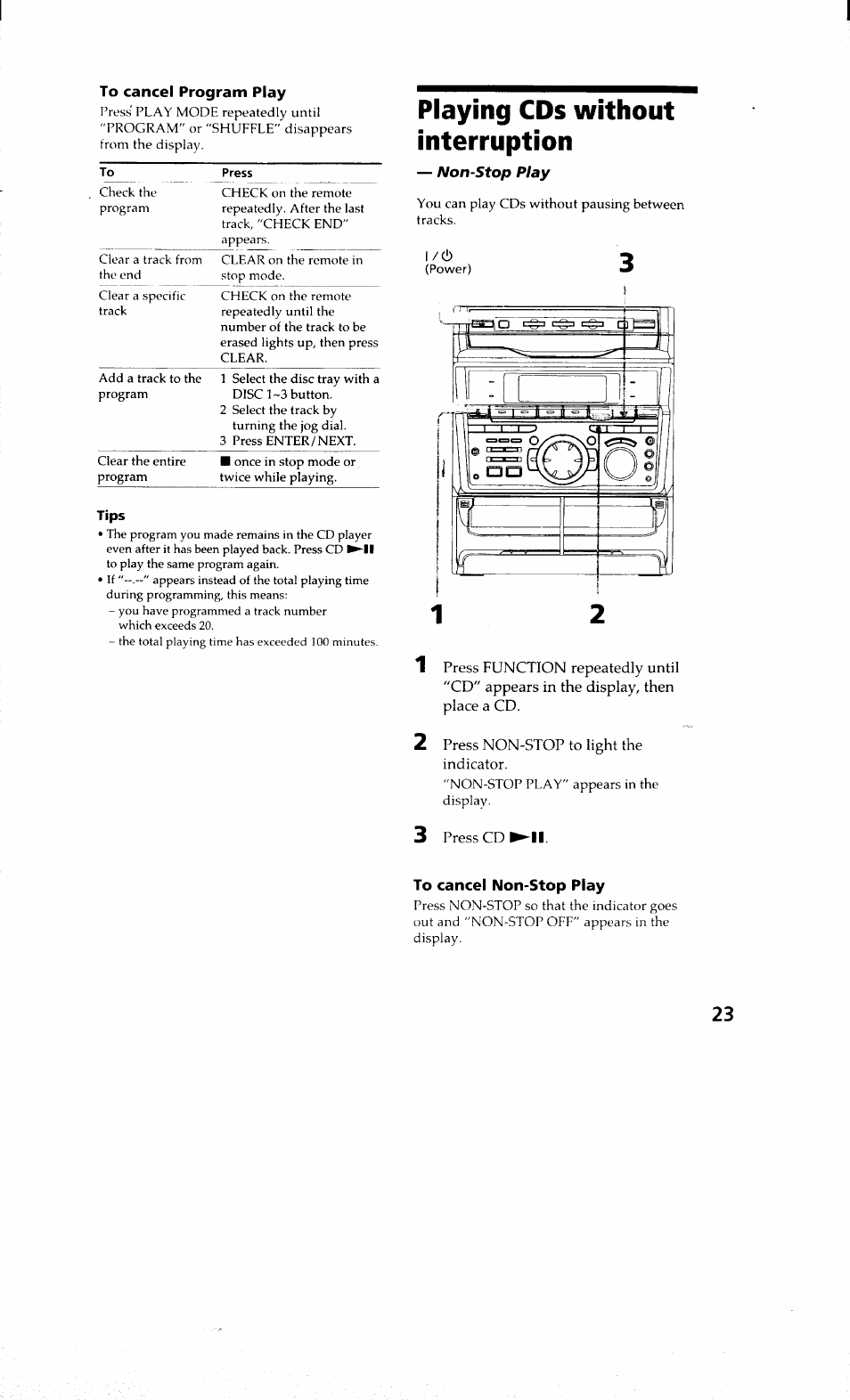 Playing cds without interruption, To cancel non-stop play | Sony MHC-RXD9 User Manual | Page 23 / 56