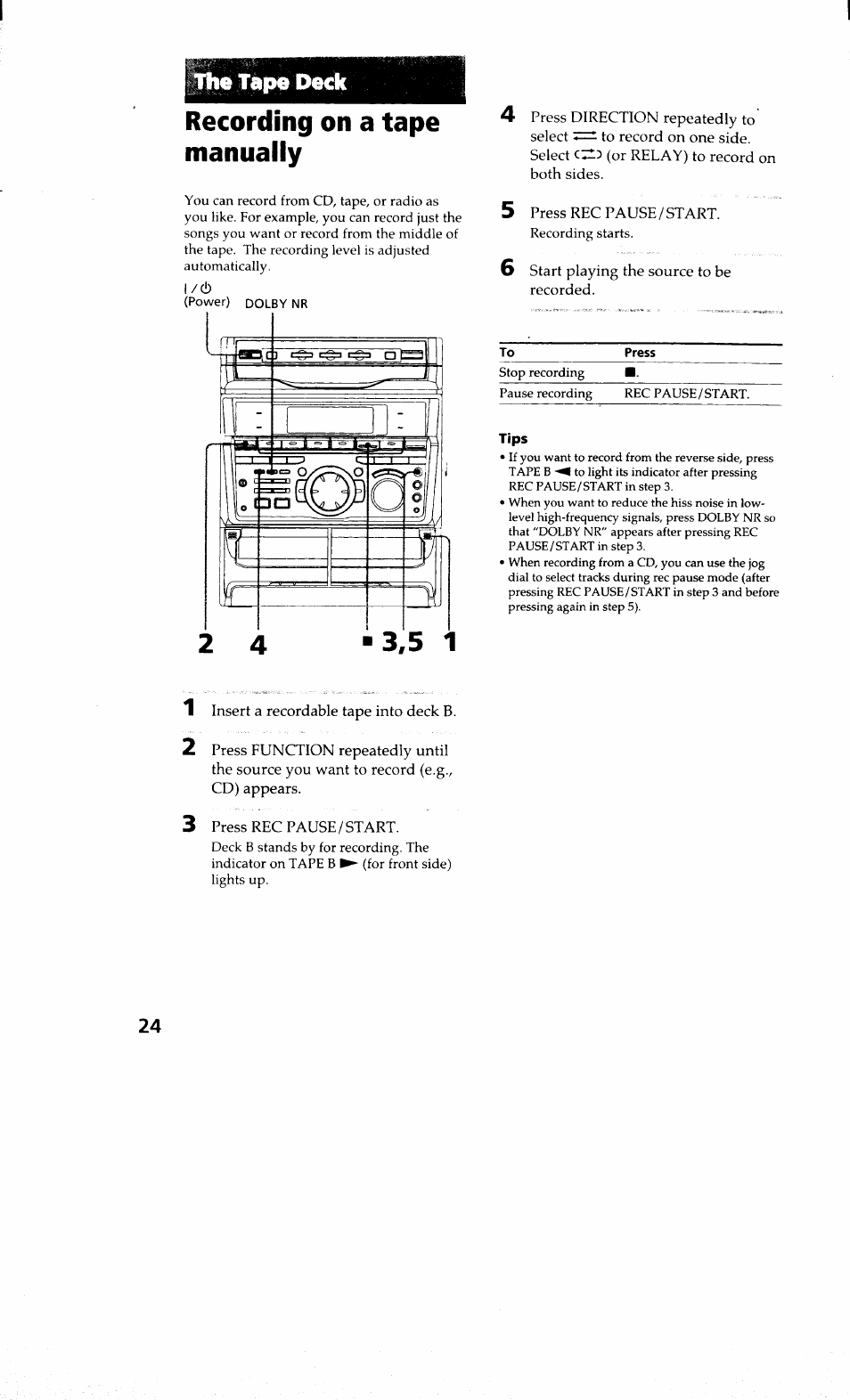 The tape deck, Recording on a tape manually | Sony MHC-RXD9 User Manual | Page 24 / 56