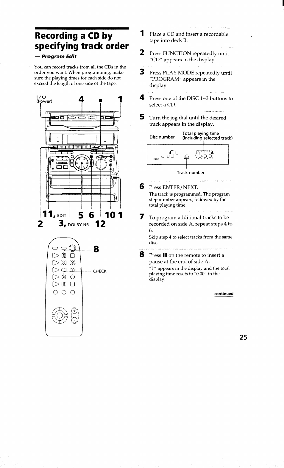 Recording a cd by specifying track order, Recording a cd by specifying track, Order | Sony MHC-RXD9 User Manual | Page 25 / 56