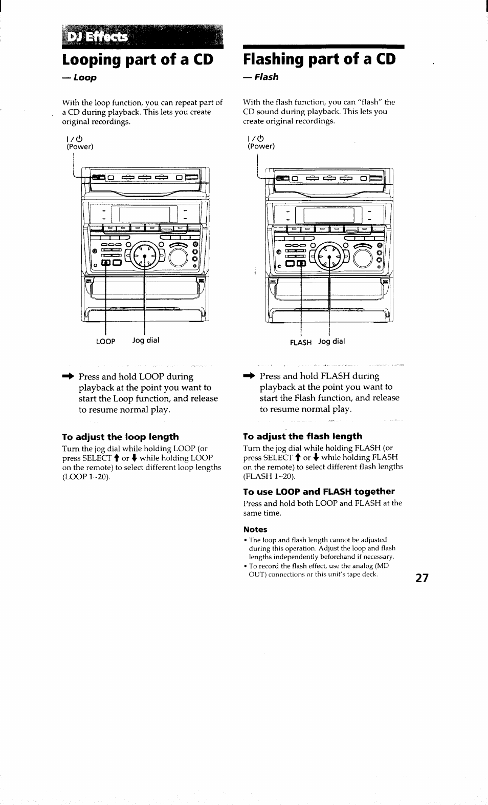 Looping part of a cd, Flashing part of a cd, To adjust the flash length | To use loop and flash together | Sony MHC-RXD9 User Manual | Page 27 / 56