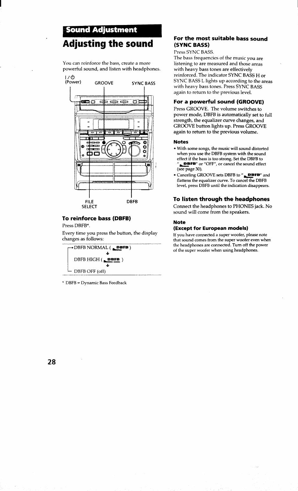 Sound adjustment, Adjusting the sound, To reinforce bass (dbfb) | For the most suitable bass sound (sync bass), For a powerful sound (groove), To listen through the headphones | Sony MHC-RXD9 User Manual | Page 28 / 56