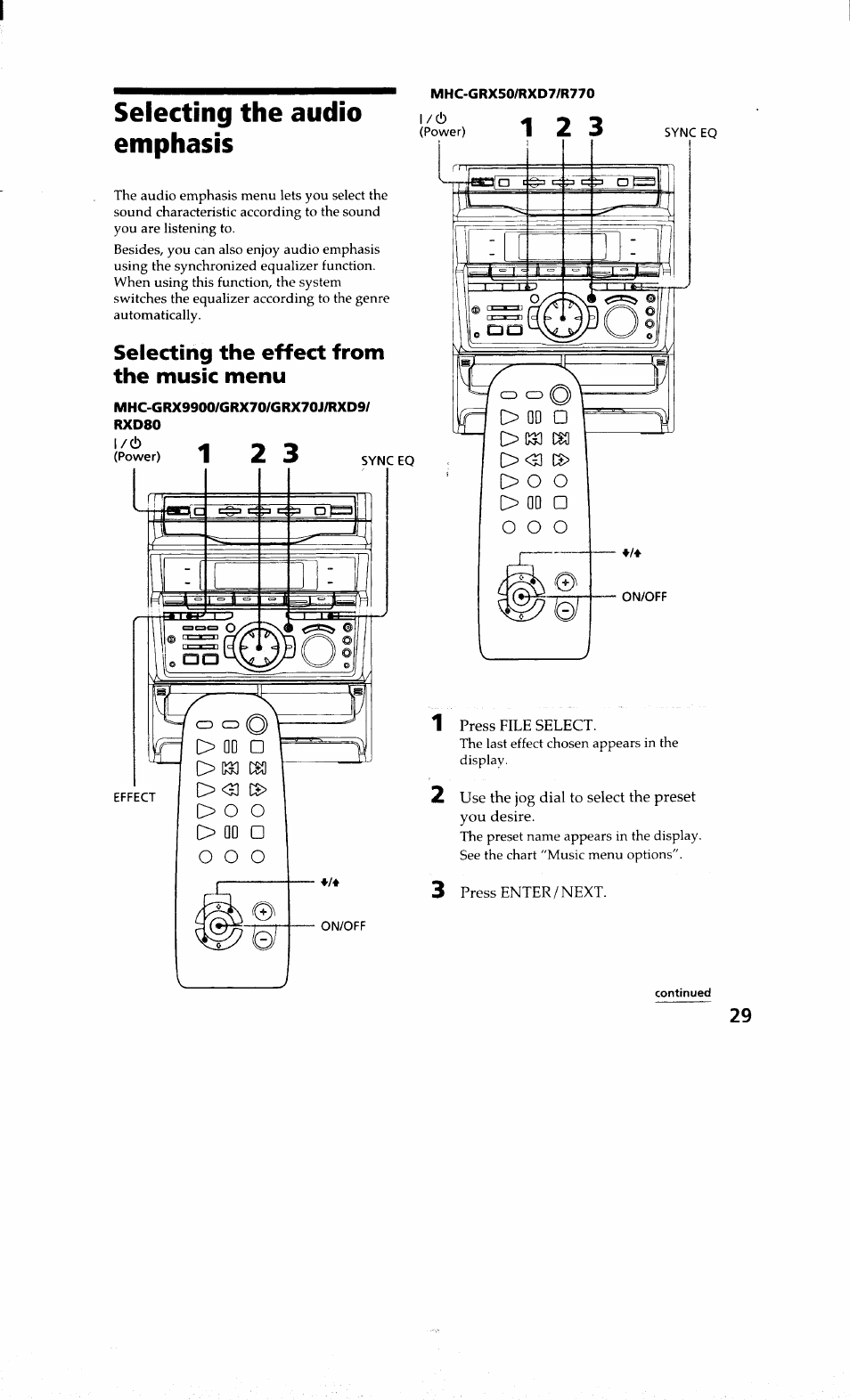Selecting the audio emphasis, Selecting the effect from the music menu | Sony MHC-RXD9 User Manual | Page 29 / 56