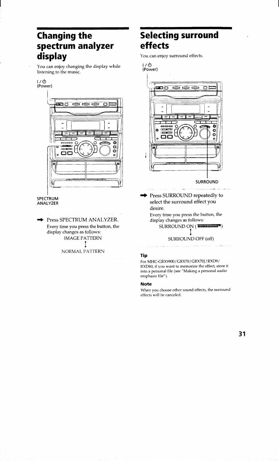 Changing the spectrum analyzer display, Selecting surround effects | Sony MHC-RXD9 User Manual | Page 31 / 56