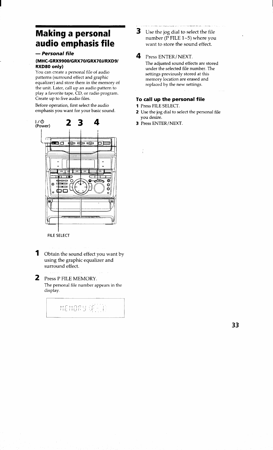 Making a personal audio emphasis file, To call up the personal file | Sony MHC-RXD9 User Manual | Page 33 / 56