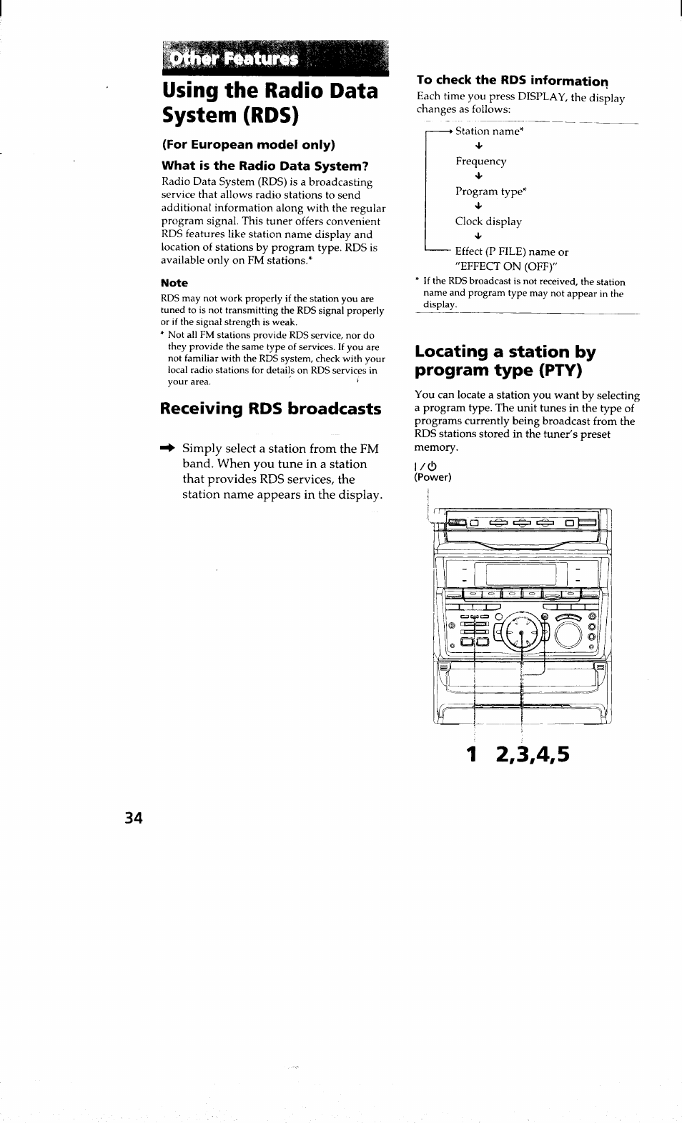Using the radio data system (rds), For european model only), What is the radio data system | To check the rds information, Receiving rds broadcasts, Locating a station by program type (pty) | Sony MHC-RXD9 User Manual | Page 34 / 56