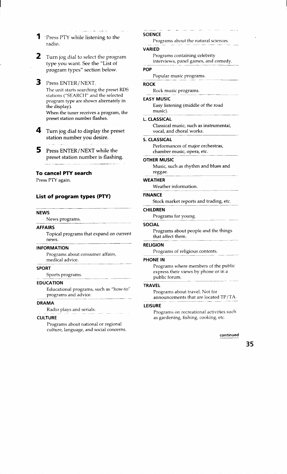 To cancel pty search, List of program types (pty) | Sony MHC-RXD9 User Manual | Page 35 / 56