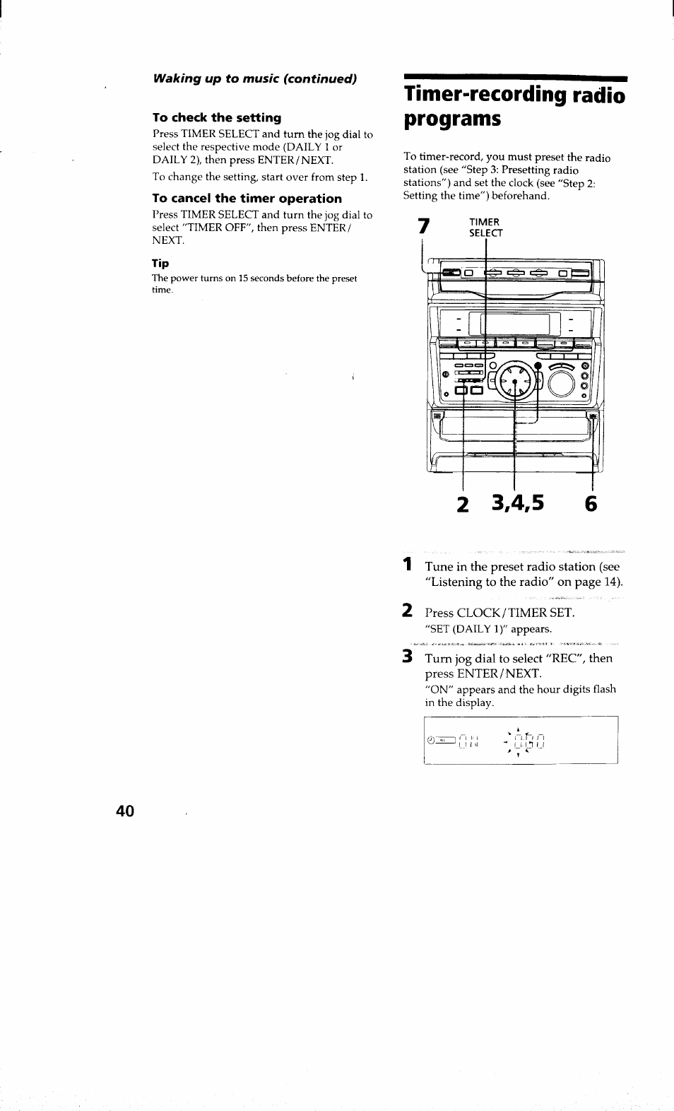 Timer-recording radio programs | Sony MHC-RXD9 User Manual | Page 40 / 56