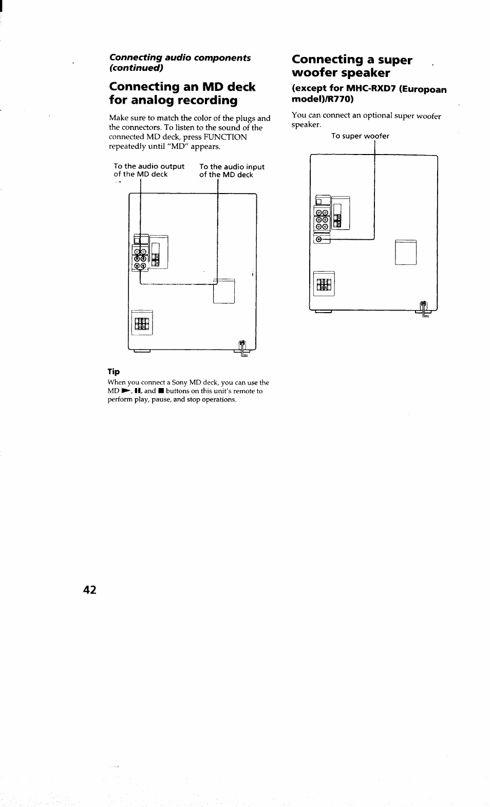 Except for mhc-rxd7 (european modei)/r770), Connecting an md deck for analog recording, Connecting a super woofer speaker | Sony MHC-RXD9 User Manual | Page 42 / 56