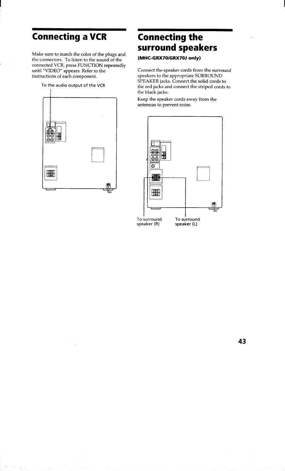 Connecting a vcr, Connecting the surround speakers | Sony MHC-RXD9 User Manual | Page 43 / 56