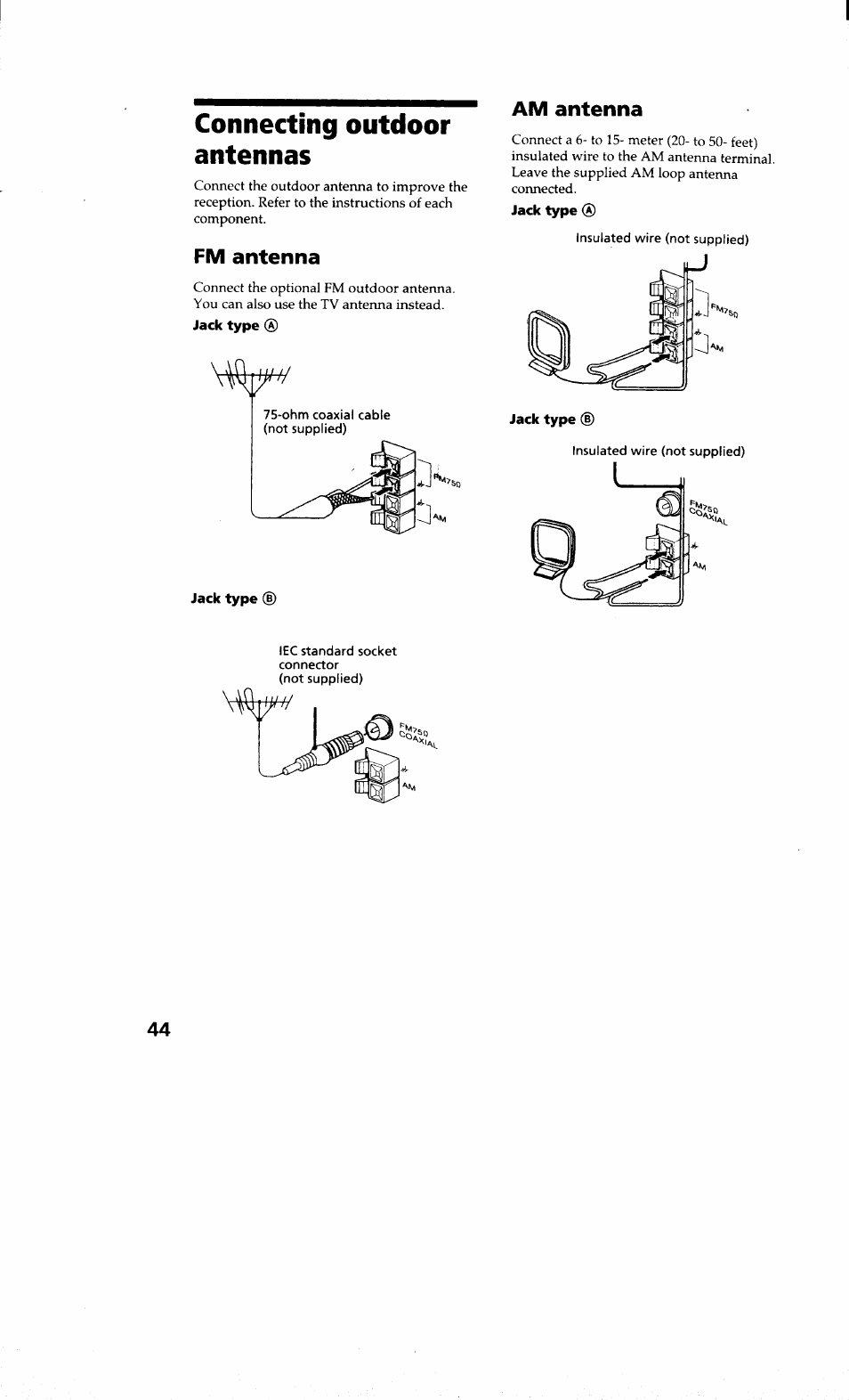 Connecting outdoor antennas, Fm antenna, Am antenna | Sony MHC-RXD9 User Manual | Page 44 / 56